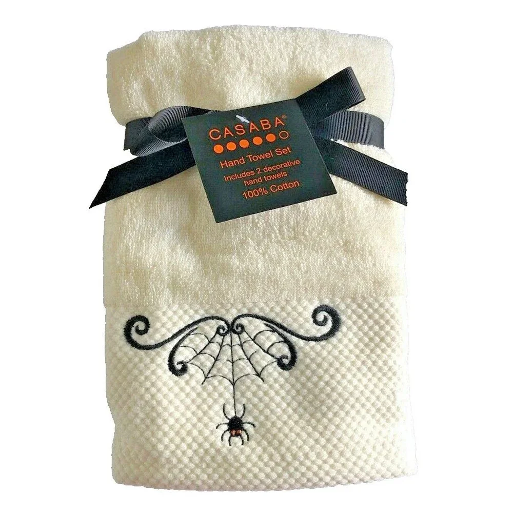 Casaba Happy Halloween Spider Web Hand Towels Embroidered Ivory Spooky Set Of 2